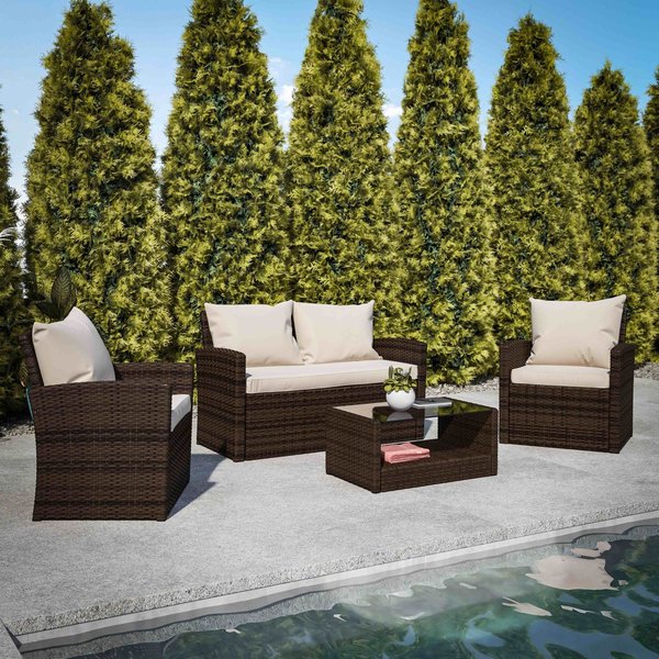 Flash Furniture 4 Piece Brown Patio Set with Beige Back Pillows JJ-S351-BNBG-GG